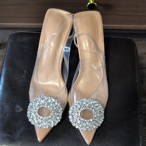Nude Crystal-Embellished Pointed Toe Slingback Heels - Picture 5 of 7